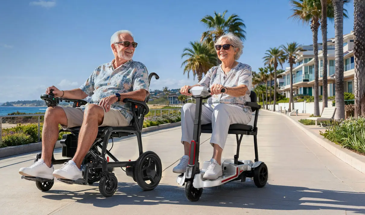 People enjoying an outdoor journey on Ecomobi mobility scooters
